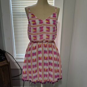 Ocean Drive Womens Pink Geometric Tribal Print Pom Pom Mini Dress  Size M
